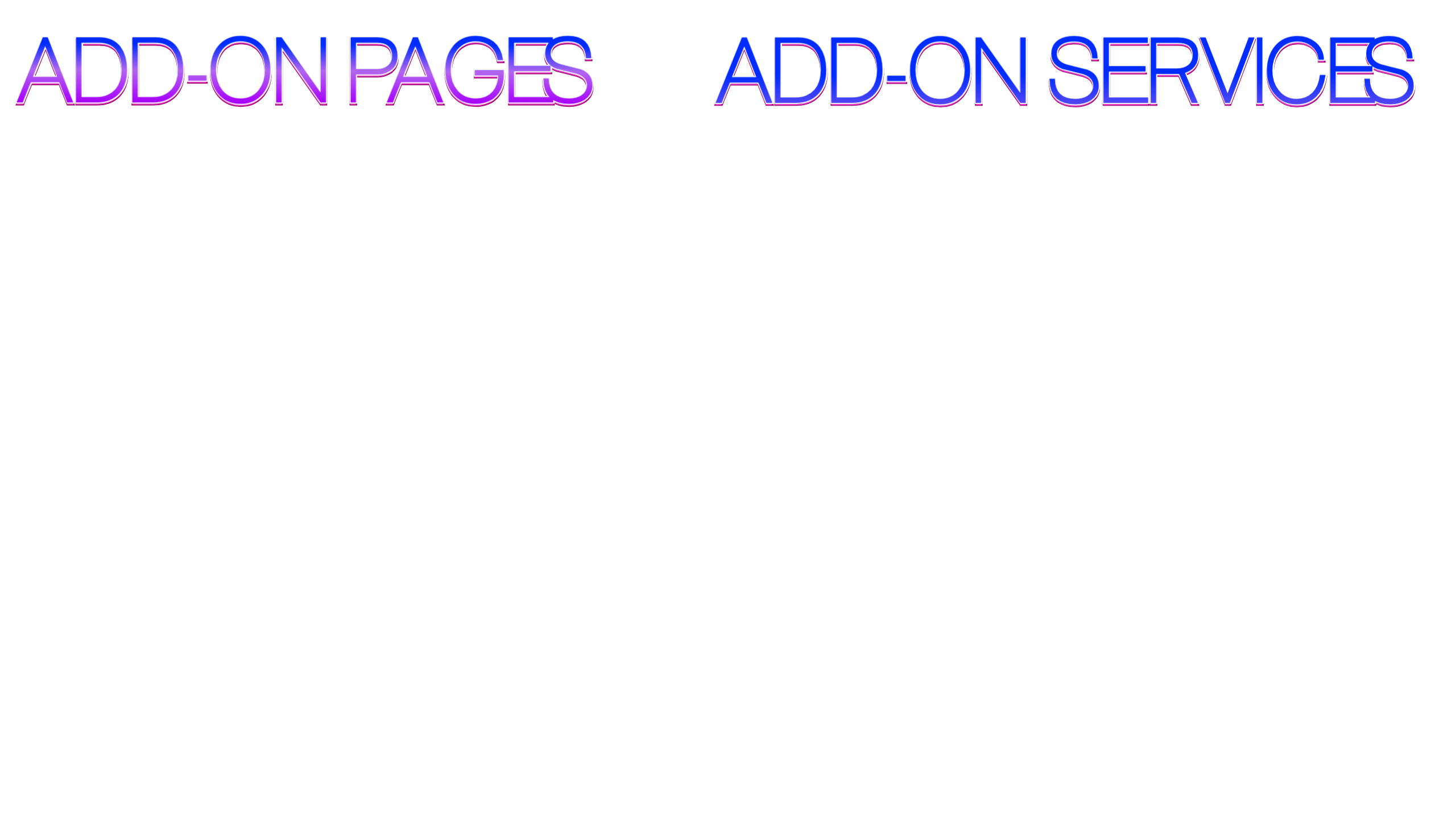 
                Add-on pages
                -Appointment/Consultation Booking Page $80
                -Privacy Police, Terms & Conditions $10 each
                -Career & Jobs Application Page $80
                -Newsletter Subcription Form $40
                -Blog/Article Page $75 per year
                Up to 4 posts per week
                -Portfolio Page
                Up to 5 pictures with description $25
                Up to 10 pictures with description $40
                Up to 25 pictures with description $75
                -Product/Service Page
                Up to 5 products $40
                Up to 10 products $75
                Up to 20 products $140
                Up to 30 products $200
                Services
                -Product & Service Photos
                (Jacksonville, St.Augustine, Palm Coast, Daytona Beach, Orlando)
                $40/hour 2 hour minimum
                Includes up to 5 edited high quality digital photos per product/service

                -Company Welcome Video
                (Jacksonville, St.Augustine, Palm Coast, Daytona Beach, Orlando)
                $50/hour 2 hour minimum
                Edited high definition welcome video for About or Home Page
                (up to 6 minutes)

                -Custom Logos
                1 unique logo $20
                3 unique logos $60